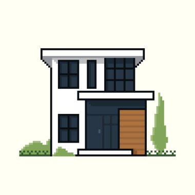 Koyu mavi camlı beyaz modern ev ve krema arka planında bahçe..