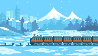 Karlı zeminde buharlı tren binaların silueti ve çam ağacıyla dağda ve mavi gökyüzünde kışın karlı arka planda.