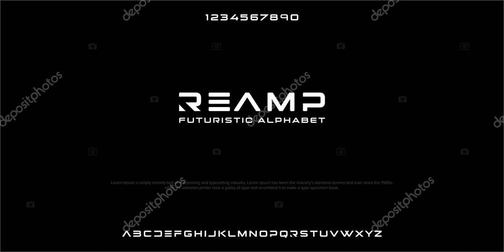 Futuristic minimalist display font design, alphabet, typeface, letters and numbers, typography.