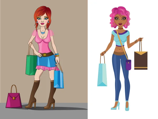 Två shopping flickor — Stock vektor