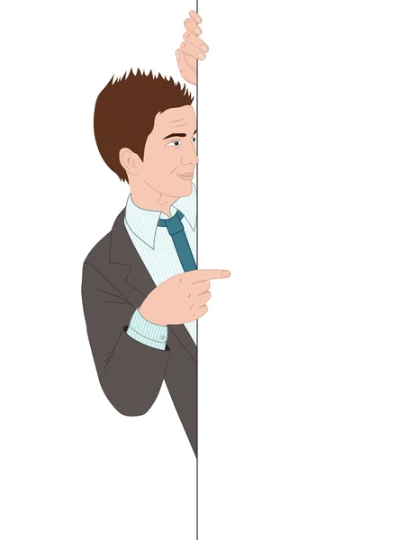 Businessman pointing to the banner — Stock Vector