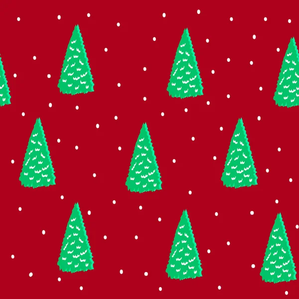 Бесшовный ручной рисунок для рождественской мессы или Нового года с соснами и снегом на красном фоне, шаблон для текстиля, обоев, упаковки и оберточной бумаги, дизайн обложки, праздничное оформление — стоковый вектор