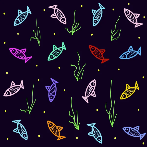 Roztomilý bezešvý vzor s barevnými rybami, vektorová ilustrace ve stylu čmáranice, ručně kreslená šablona s podmořskou životností pro balicí papír, obal, obaly, dekorace, tapety, tmavé pozadí — Stockový vektor
