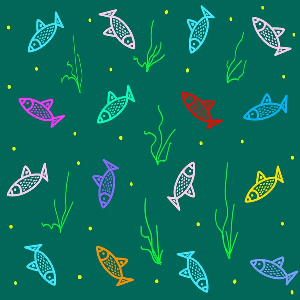 Söt sömlös mönster med färgglada fiskar, vektor illustration i doodle stil, handritad mall med undervattens liv för inslagning papper, omslag design, förpackning, dekoration, tapet, Sealife bakgrund — Stock vektor