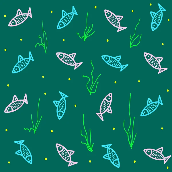 Modèle mignon sans couture avec des poissons colorés, illustration vectorielle dans le style doodle, modèle dessiné à la main avec la vie sous-marine pour le papier d'emballage, conception de couverture, emballage, décoration, papier peint, fond de vie marin — Image vectorielle