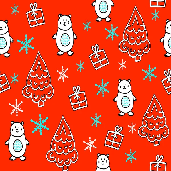 Зимний бесшовный узор с милыми белыми медведями и снежинками, ручной рисунок в стиле каракулей, печать для обоев, оберточная бумага, упаковка, дизайн обложки, текстиль, новогоднее и рождественское изображение — стоковый вектор