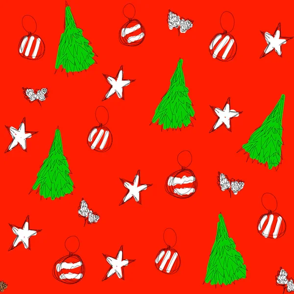 Бесшовный ручной рисунок для рождественской мессы или Нового года с сосной и звездой на красном фоне, шаблон для текстиля, обоев, упаковки и оберточной бумаги, дизайн обложки, праздничное оформление — стоковый вектор