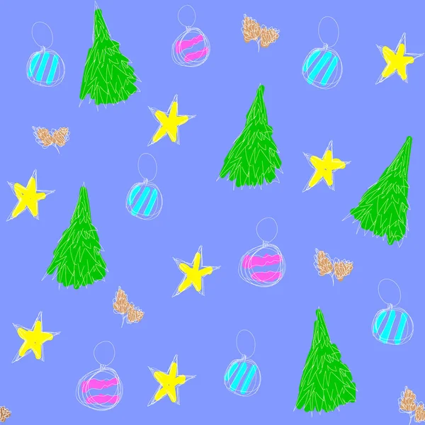 Nahtloses handgezeichnetes Muster für Weihnachten oder Neujahr mit Kiefer und Stern auf violettem Hintergrund, Vorlage für Textilien, Tapeten, Verpackungs- und Geschenkpapier, Einband-Design, Urlaubsdekoration — Stockvektor