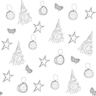 Beyaz arka planda çam ağacı ve yıldızlarla Noel için kusursuz el çizimi deseni, tekstil, duvar kağıdı, ambalaj ve ambalaj kağıdı, kapak tasarımı, tatil dekorasyonu