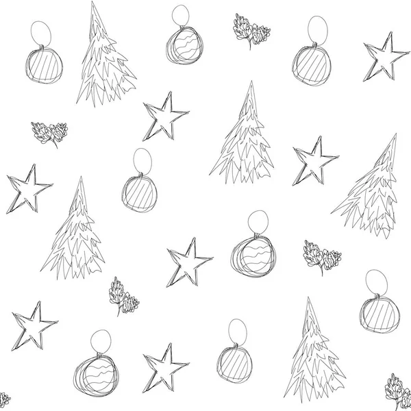 Бесшовный ручной рисунок на Рождество или Новый год с соснами и звездами на белом фоне, шаблон для текстиля, обоев, упаковки и оберточной бумаги, дизайн обложки, праздничное оформление — стоковый вектор