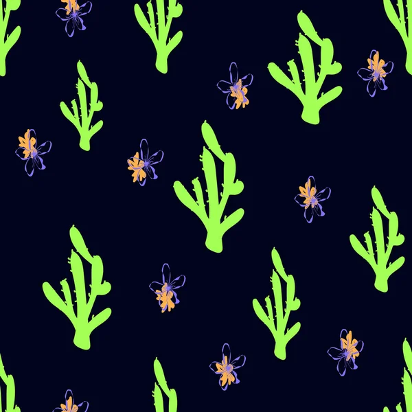 Sömlös vektor handritade mönster med söta kaktus och blommor, botanisk illustration för tapeter, omslag och förpackningsdesign, färgglada motiv för tyg och textil i tecknad stil — Stock vektor