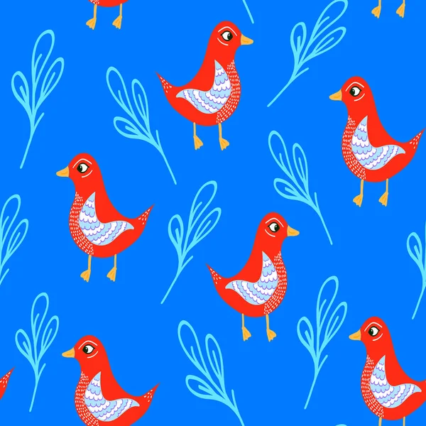 Seamless pattern with bright red birds on blue background,abstract hand drawn birds in doodle style,illustration for wallpaper,wrapping,cover design,print on textile and fabric,colorful background — Stock Vector