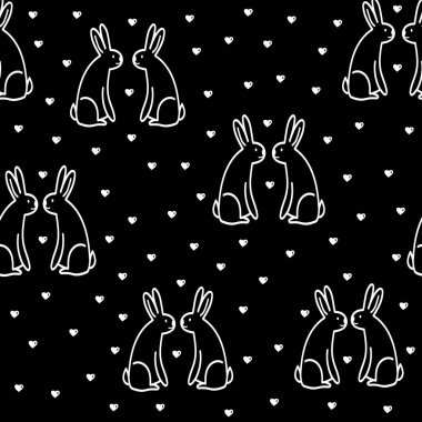 Karalama tarzında şirin el çizimi tavşanlı kusursuz desen, tavşan desenli Paskalya çizimi, tatil süslemesi, ambalaj kağıdı baskısı, tekstil ve kumaş tasarımı, çocuk tarzı kitap desteği, kapak tasarımı.