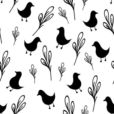 Siyah kuşlu kusursuz desen ve beyaz arkaplanda yapraklar, karalama tarzında soyut el çizimi siluet, duvar kağıdı, ambalaj, kapak ve moda tasarımı, tekstil için baskı