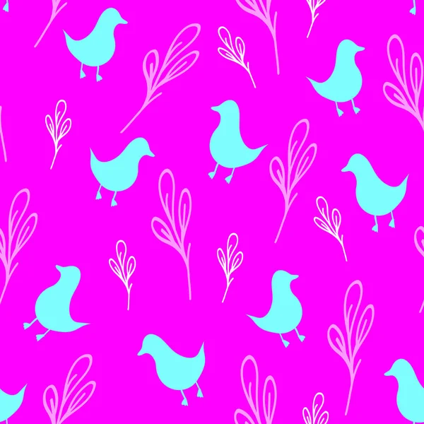 Pembe arka planda parlak turkuaz kuşlarla kusursuz desen, karalama tarzında el çizimi kuşlar, duvar kağıdı, ambalaj, kapak tasarımı, tekstil ve kumaş üzerine baskı, renkli arka plan