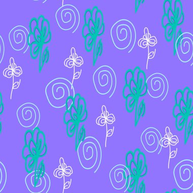Elle çizilmiş botanik soyut çiçekler ve spiral elementlerle kusursuz vektör deseni, iç tasarım, kapak ve tekstil şablonu için basit illüstrasyon, bahar modunda basım, duvar kağıdı olarak kullanmak için