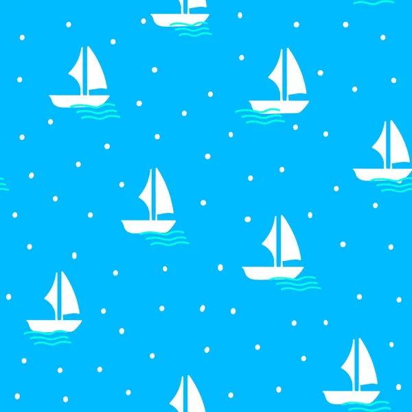 Bezszwowy wzór wektora w stylu morskim z pływającą białą łodzią, falami i kropkami — Wektor stockowy