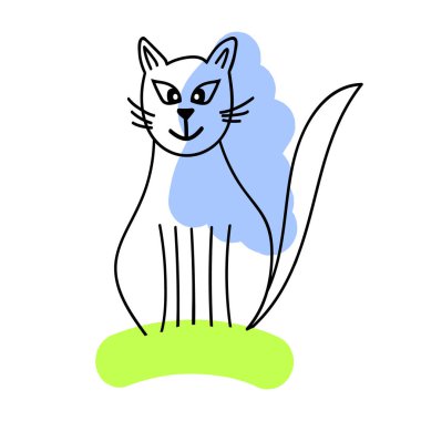 Çimlerin üzerinde basit bir şekilde oturan el çizimi kedi vektör çizimi, çocuk tasarımı, poster, duvar kağıdı, kumaş baskısı
