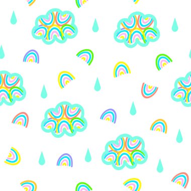 Bulutlar, damlalar ve gökkuşakları ile parlak kusursuz desen, duvar kâğıdı için çocukça baskı, kapak tasarımı, çocuk kumaşı, bebek odası iç dekorasyonu ve doğum günü süslemesi, renkli bebek partisi illüstrasyonu.
