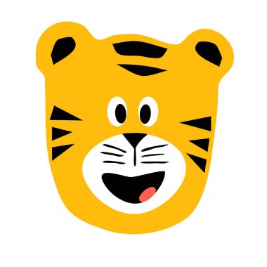 Tatlı gülümseyen kaplan kafası ağzı ve gözleri açık, 2022 yılının el çizimi sembolü, çocuklar için tekstil, oda dekorasyonu, poster, hayvanat bahçesi amblemi, çıkartma, logo, dövme. 