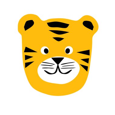 Yüzü açık sevimli bir kaplan kafası, çizgi film stili 2022 yılının el çizimi sembolü, çocuklar için tekstil, oda dekorasyonu, poster, hayvanat bahçesi amblemi, çıkartma, logo, dövme, bebek moda tasarımı. 