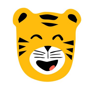 Tatlı gülümseyen kaplan kafası, ağzı açık ve gözleri kapalı, karikatür tarzında yeni yılın el çizimi sembolü, çocuklar için tekstil, oda dekorasyonu, poster, çıkartma, logo, bebek moda tasarımı.