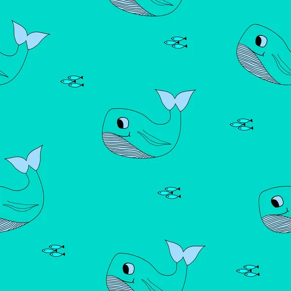 Vector hand drawn childish seamless pattern with cute smiling whale,simple flat illustration,print for kids,baby fashion,textile,interior design,wallpaper,decoration,turquoise background — Stock vektor