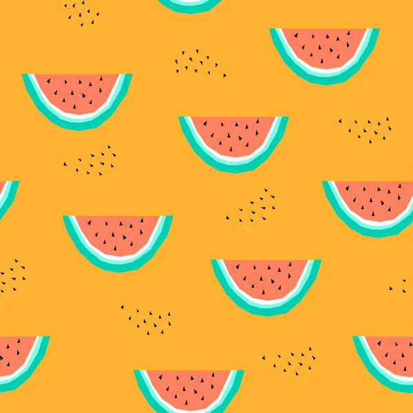 Sömlös mönster med vattenmelon skivor och frön på orange bakgrund, färgglada tryck för textil eller tyg, inredning, barn mode, omslag och tapet design, sommar humör illustration — Stock vektor