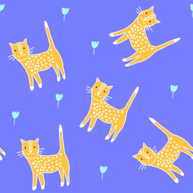 Elle çizilmiş kusursuz vektör deseni şirin kedi ve laleler, iç veya dış tasarım için çocuk illüstrasyonu, tekstil, duvar kağıdı, bebek modası için hayvan baskısı, vahşi yaşam geçmişi, dünya kedi günü. 