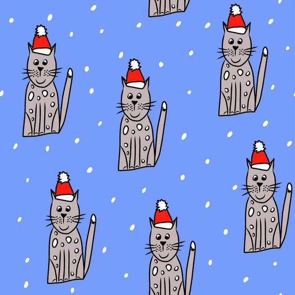 Cute seamless pattern with cat in red santa hat,hand drawn doodle illustration for new year and christmass decoration,print as wrapping paper,packaging and cover design,winter holidays background