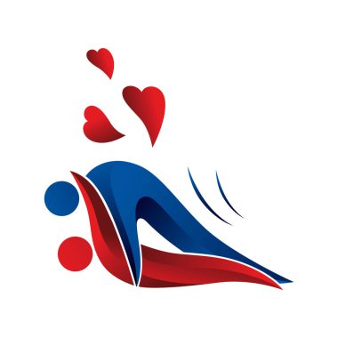 Kama Sutra 3 boyutlu semboller. Beyaz arka planda kırmızı kalpler var. Hareketli Misyoner Seks Pozu. Vektör İllüstrasyonu. Kamasutra kırmızı ve mavi kişi sembolleri. 