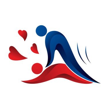 Kama Sutra 3 boyutlu semboller. Beyaz arka planda kırmızı kalpler var. Yardımcı Seks Pozu ve Hareket Yönü. Vektör İllüstrasyonu. Kamasutra kırmızı ve mavi kişiler.