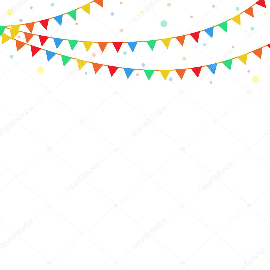 Colorful festival flags, garland, and confetti pattern on white background. Multi colored bunting design elements for decoration of greeting card, party invitation, and festa junina brazil.