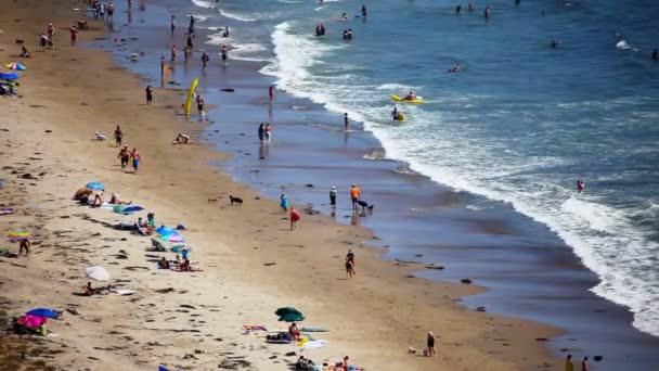 Gente disfrutando de un día soleado en la playa — Vídeo de stock