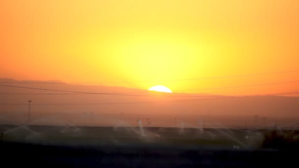 Sprinkler vid solnedgången på en gård — Stockvideo