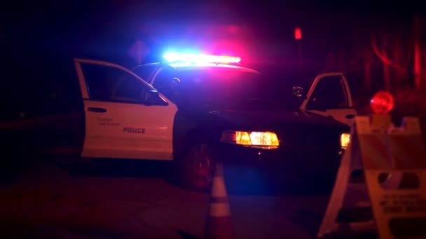 Coche de policía con luces parpadeando en el bloqueo de carreteras — Vídeo de stock