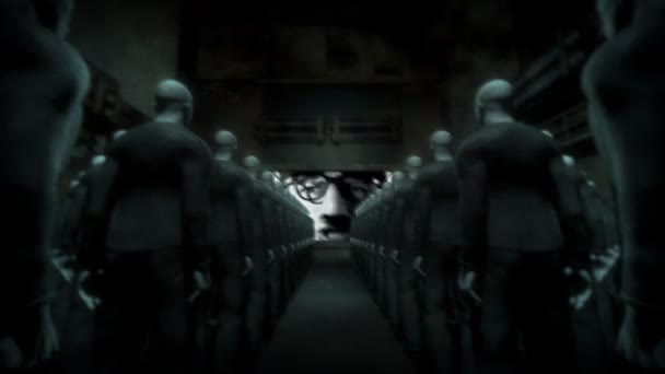 Menschliche Cyborgs beobachten Bildschirm mit Propagandamann — Stockvideo