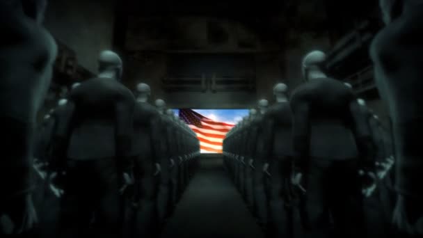 Mänskliga cyborgs Watching Screen med USA flagga — Stockvideo