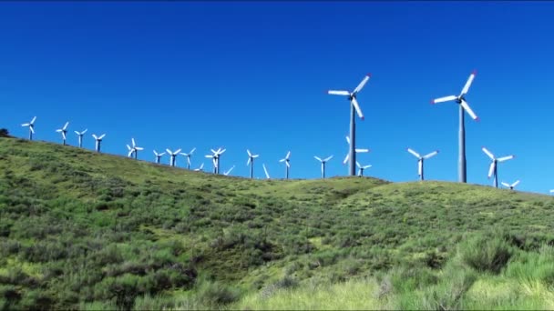 Windkraftanlagen (grüne Hügel & blauer Himmel) — Stockvideo