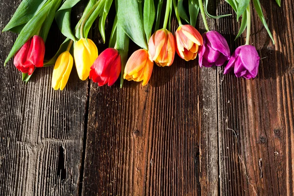 复活节彩蛋和风化的木制酒泉新鲜的春郁金香 — 图库照片