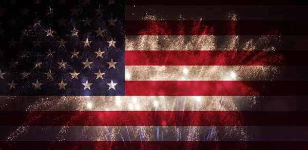 Celebratory fireworks on the background of the US flag. Independence day — Stock Photo, Image
