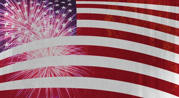 Celebrando el Día de la Independencia. Bandera de los Estados Unidos de América EE.UU. con fuegos artificiales para el 4 de julio — Foto de Stock