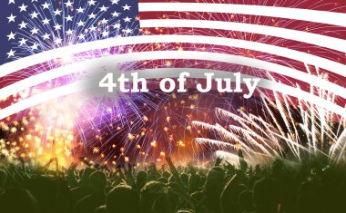 Celebrating Independence Day. United States of America USA flag with fireworks background for 4th of July clipart
