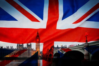 Amerika Birleşik Devletleri ve Avrupa Birliği bayrakları 2016 referandum - Westminster ve Big Ben bckground için kombine