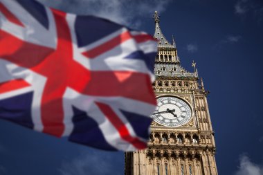 Amerika Birleşik Devletleri ve Avrupa Birliği bayrakları 2016 referandum - Westminster ve Big Ben bckground için kombine