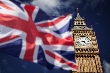 Amerika Birleşik Devletleri ve Avrupa Birliği bayrakları 2016 referandum - Westminster ve Big Ben bckground için kombine