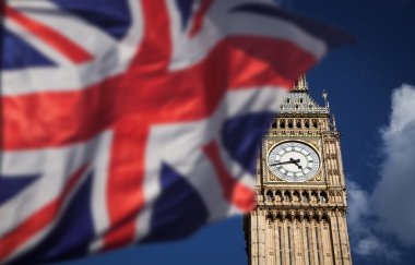 Amerika Birleşik Devletleri ve Avrupa Birliği bayrakları 2016 referandum - Westminster ve Big Ben bckground için kombine