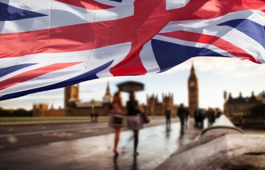 Amerika Birleşik Devletleri ve Avrupa Birliği bayrakları 2016 referandum - Westminster ve Big Ben bckground için kombine