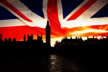Amerika Birleşik Devletleri ve Avrupa Birliği bayrakları 2016 referandum - Westminster ve Big Ben bckground için kombine