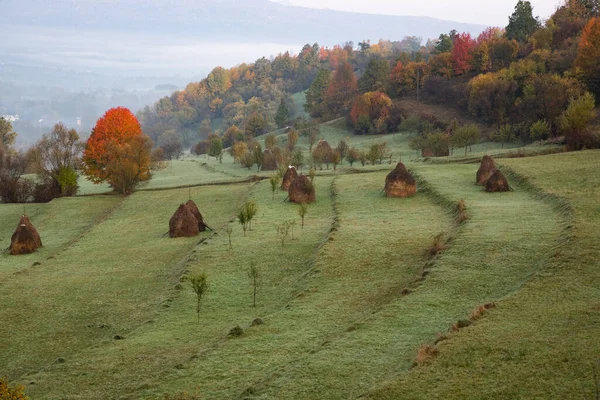 Wiejski Jesienny Krajobraz Mgłą Stosami Siana — Zdjęcie stockowe